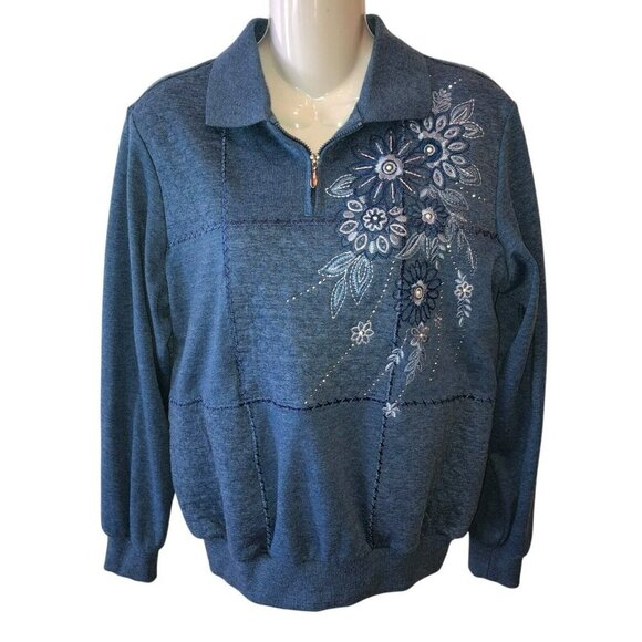 Alfred Dunner Small Blue Flower Embroidered Quarter Zip Sweatshirt Shirt Size S - Picture 2 of 10
